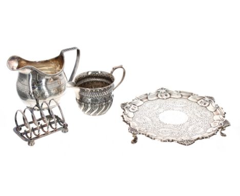 Edward VII hexagonal silver waiter, with engraved decoration, raised on three feet, maker William Hutton &amp; Sons, London 1