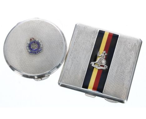 Silver and enamel engine turned square compact, applied with 'The Royal Norfolk Regiment' emblem, maker Goldsmiths &amp; Silv