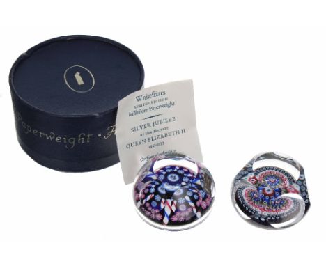 Whitefriars 1977 Silver Jubilee faceted glass and millefiori paperweight, limited edition no. 398/1000, 3" diameter, boxed wi