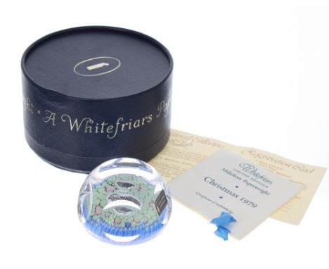 Whitefriars Christmas 1979 faceted glass and millefiori paperweight, limited edition no. 396/1000, 3" diameter  - *boxed with