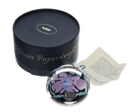 Whitefriars facet window glass and millefiori butterfly paperweight, the multicoloured cane butterfly with floral border surr