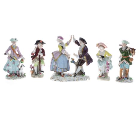 Sitzendorf porcelain figural group of a courting couple dancing, 5" high, together with four further Sitzendorf figures model