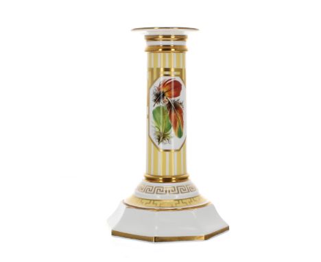 Royal Worcester 'The Heritage Collection' porcelain single candlestick, painted with an oval reserve of flowers on a yellow g