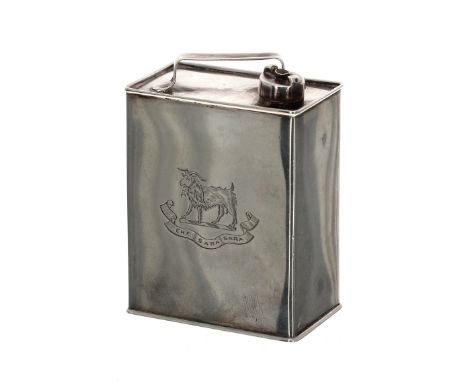 Sampson Mordan &amp; Co. silver table lighter in the form of a 'Jerry'/petrol can, bearing the Russell family crest of a goat