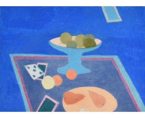 Bernard Myers (1925-2007) - Still life of blue vase, playing cards, pears and a plate, signed, oil pastel, 20.75" x 28.5" - *