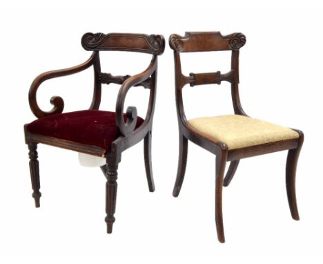William IV mahogany commode armchair, with reeded turned front supports; together with a Regency mahogany single dining chair