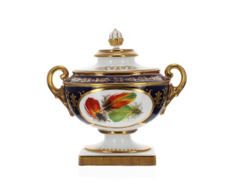 Royal Worcester 'The Heritage Collection' porcelain oval twin-handled pedestal vase and cover, painted with reserves of feath