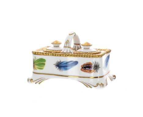 Royal Worcester 'The Heritage Collection' porcelain inkstand, with a loop handle and inset with two lidded wells, painted wit