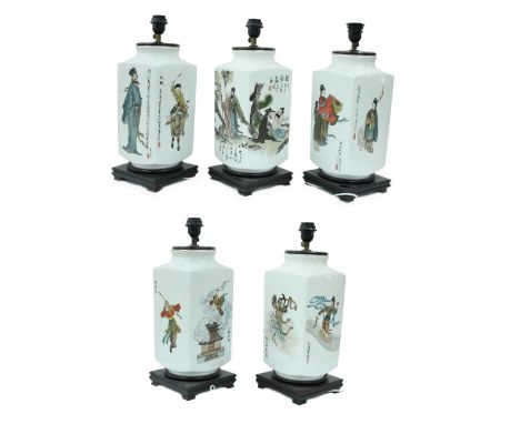 Five Chinese porcelain cuboid vases converted to electric table lamps, each decorated with painted figural scenes, mounted up