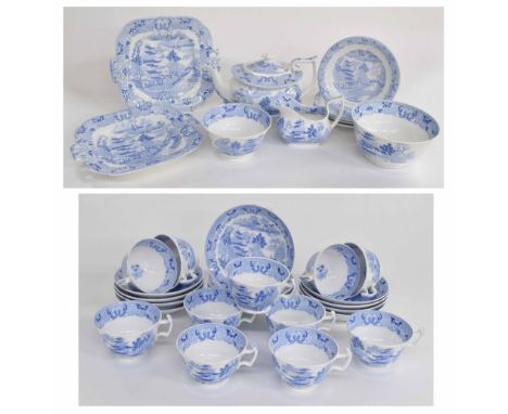 Early English blue and white transfer printed porcelain part tea set, decorated in a Chinese manner of pagoda and bridge scen