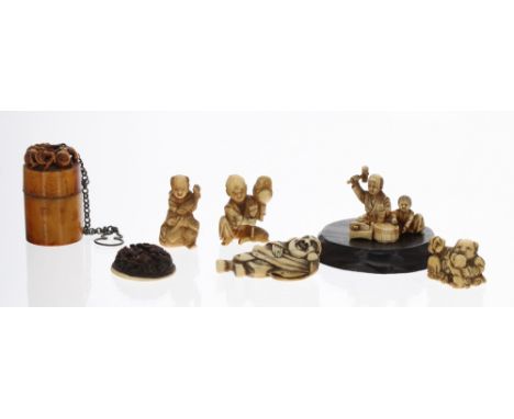 Collection of six Japanese carved ivory netsuke and okimono, Meiji period; also a small stained cylindrical inro with a carve