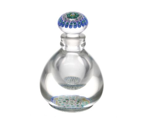 Stourbridge type glass and millefiori paperweight inkwell and stopper, blue and green cane millefiori, inclusions to the base