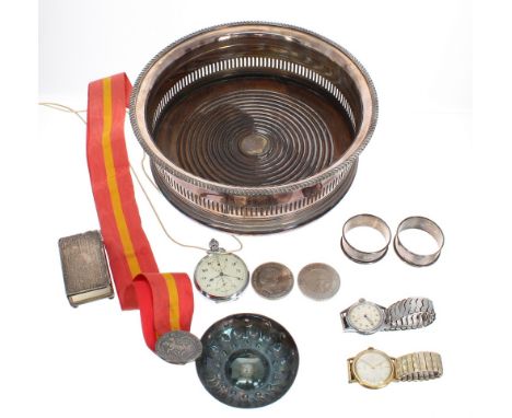 Two similar W J Myatt &amp; Co. silver napkin rings, silver vesta box, two commemorative five pound coins, Bacchanalian frate