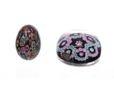 Whitefriars glass and millefiori floral chain paperweight, on a deep blue ground, 3" diameter; together with an egg shape gla