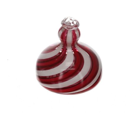French Clichy type red and white swirl glass dump paperweight, with shaped clear glass finial, 2" high