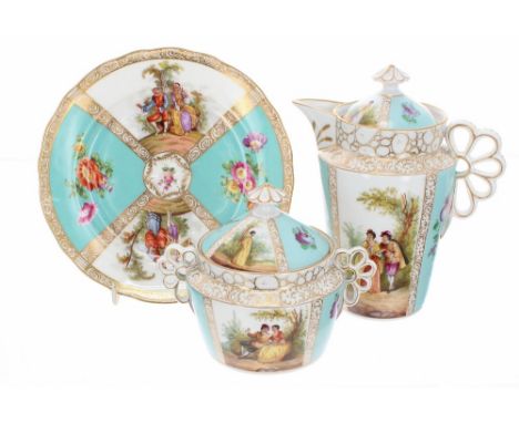 Dresden porcelain teapot, lidded sucrier and side plate, each decorated with alternate panel scenes of courting couples in th