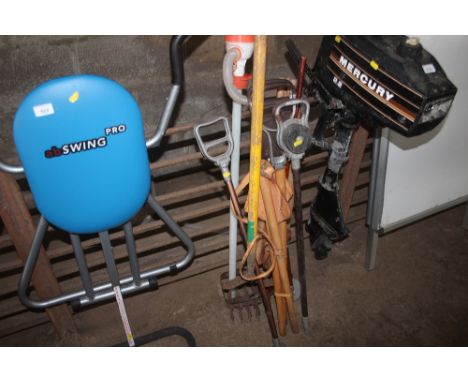 A quantity of shooting sticks and gardening tools etc