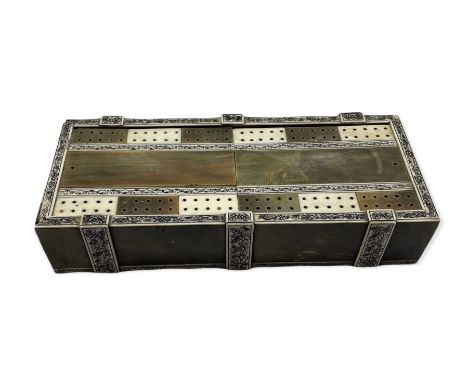 Indian sandalwood, horn and bone cribbage box with sliding top containing pegs and dominoes L26cm