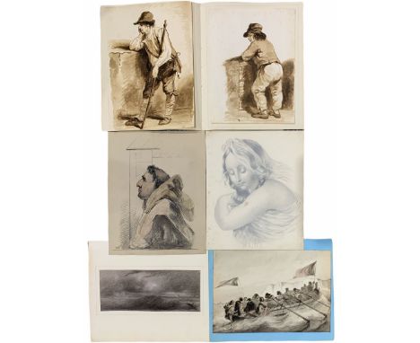 English School (19th century): Peasant Children, pair monochrome watercolours together with Renaissance Style Maiden, pencil 