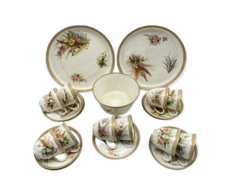 Victorian Worcester part tea set painted with sprays of leaves and flowers within a jewelled border comprising ten cups, thir