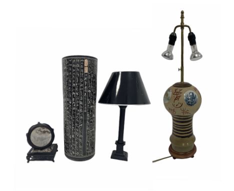 20th century Chinese twin-branch earthenware table lamp with hand-painted roundels on hardwood base, H76cm, Ebonised wooden c