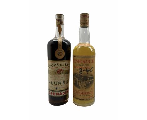 Glenmorangie 10 years old Highland Malt Scotch Whisky, one bottle and a bottle of Pereux Grenadine 