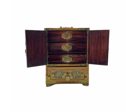 Late 19th Chinese century jewellery chest inset with hardstone and ivory fitted with small drawers W18cm