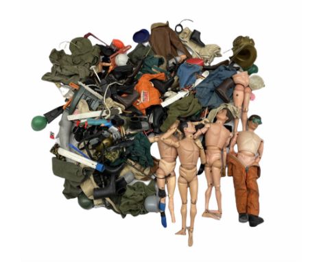 Three Action Man figures, each marked 'Made in England by Palitoy under licence from Hasbro 1964', a further part figure and 