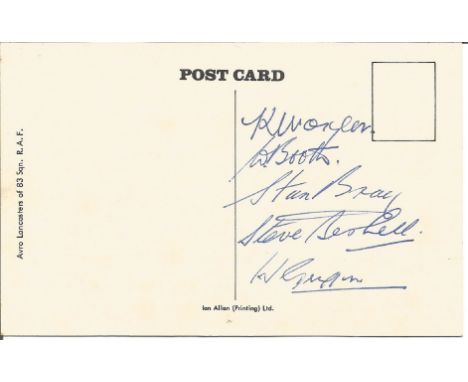 K. Morgan, W. Booth, Stan Bray, Steve Bushell, W. Griffin signed Avro Lancasters of 83 Squadron RAF postcard. Good condition.