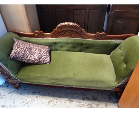 A vintage carved wood framed scroll-end sofa with upholstered carved back condition report:it is in good condition, the dimen