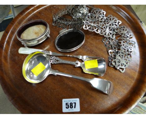 Small hallmarked silver & tortoise shell decorated trinket box & hallmarked shovel spoon together with items of EPNS