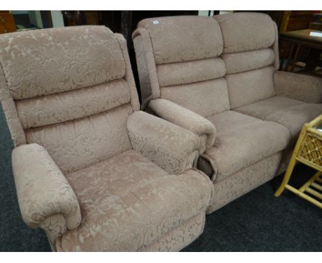 A modern dusky pink figured velvet upholstered lounge / cottage suite comprising two-seater sofa & single arm chair