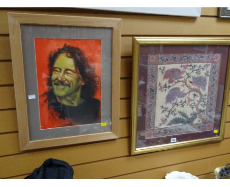 Framed head & shoulders print of a male signed DAVIES together with a framed batik of Far Eastern birds on branch