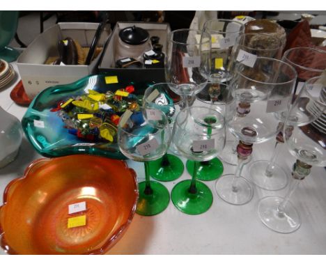 Vintage Murano glass-style sweets in glass bowl, Carnival glass bowl, coloured stem drinking glasses