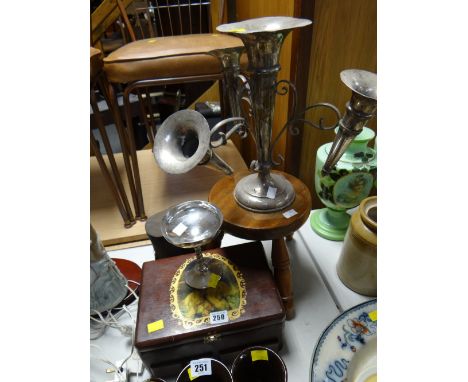 Miniature three-legged stool, cased binoculars, EPNS epergne etc