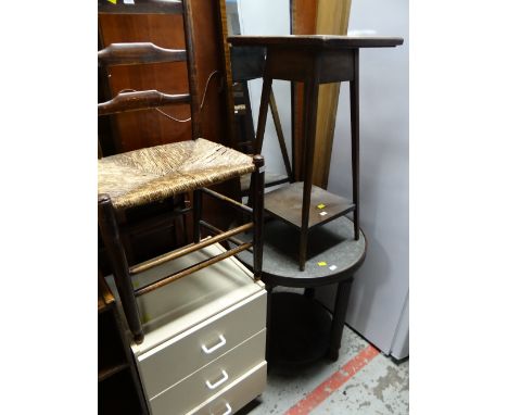 A parcel of furniture items including a circular metal topped & decorated side table together with a square tile-top planter 