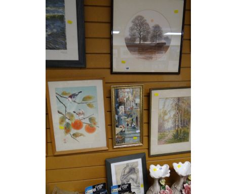 Framed circular mounted print of an evening scene together with two other framed prints
