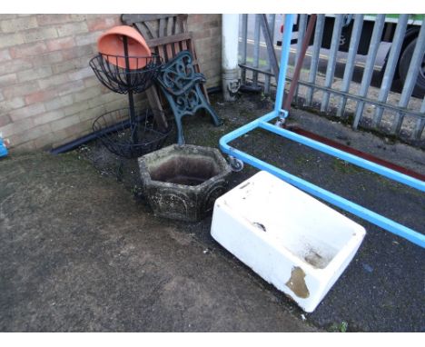 A Belfast sink, angular garden planter etc (outside)