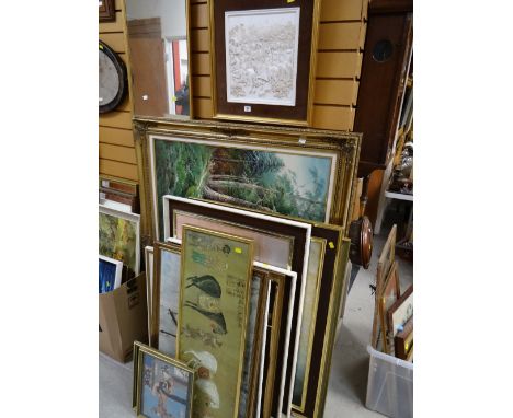 A large modern print on canvas of a woodland scene in gilt frame together with a collection of other various framed prints & 