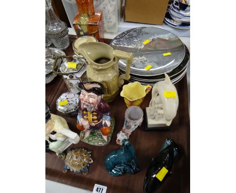 Tray of various china ornaments including Wade tortoise, Poole dolphin & sea lion, Royal Doulton collector's plates etc