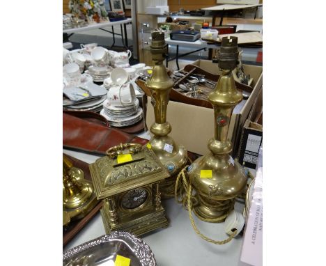 A pair of brass relief & semi-precious stone decorated electric table lamps together with a brass battery mantel clock E/T