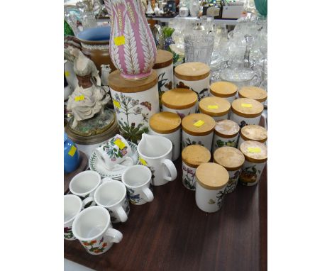 Collection of Portmeirion Botanic Garden wooden topped storage canisters & coffee cups & saucers
