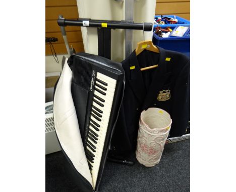 A Farfisa TK100 electric keyboard & stand together with a ceramic stick stand & blazer E/T