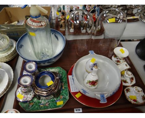 Tray of various china including Royal Albert 'Old Country Roses' ornaments, two glass clock domes, vintage soda siphon etc