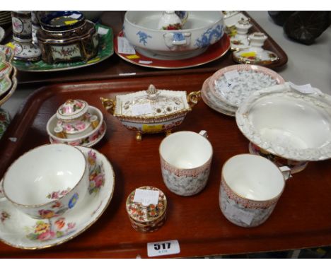 A believed Coalport ink stand painted with wild roses & with three pen holders on three bun feet picked out in gold (damage) 