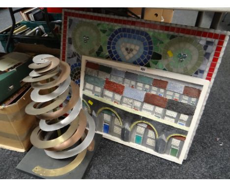 Ceramic cast of houses & viaduct, a mosaic & a metal spiral sculpture on slate base by local Welsh artist GWENDOLINE DAVIES