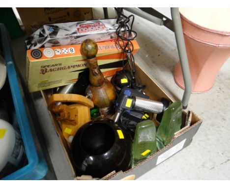 Crate of mixed collectables & two board games, desk lamp