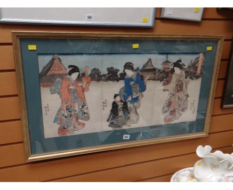 A framed Japanese three-panel of females wearing kimonos