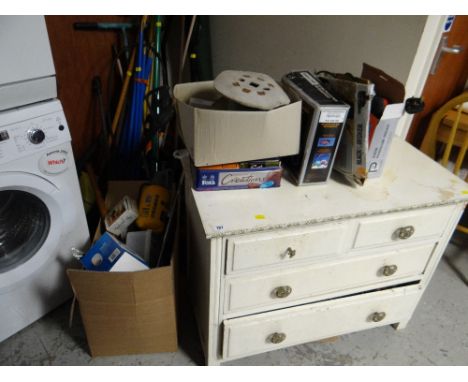 Small painted white chest of drawers containing various vintage woodwork & other tools together with a selection of garden to