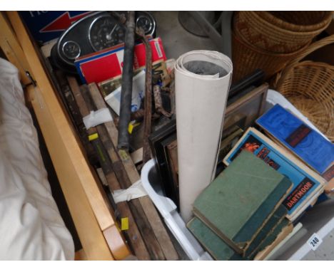 Vintage spirit levels, blow lamps, mini motorcar centre console, books & vintage guides